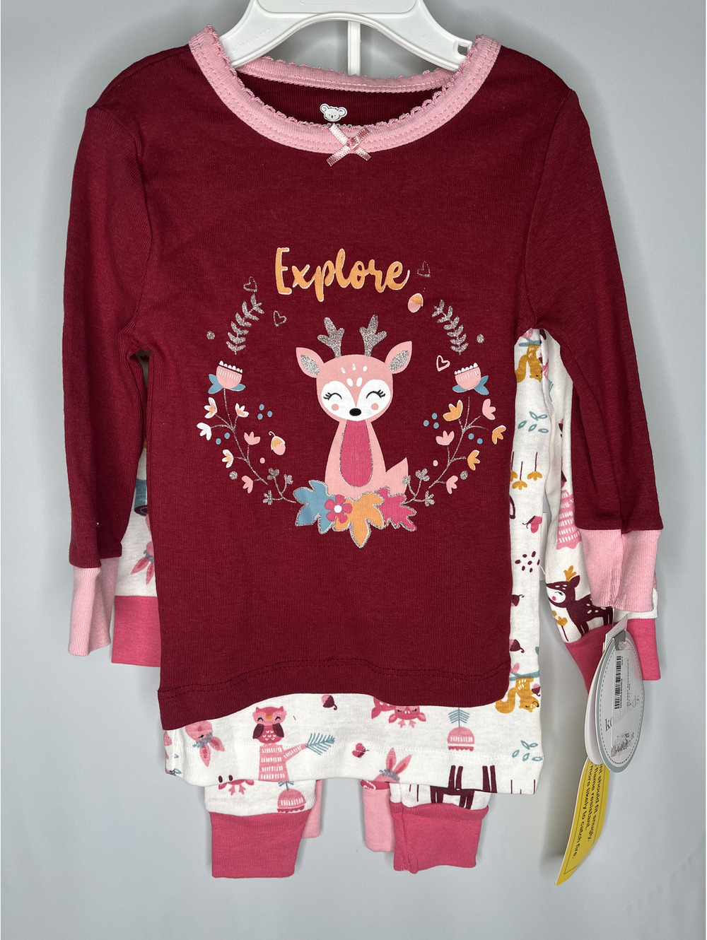 NWT Koala Kids Baby Girl Maroon/Pink/White/2 Shirts, 2 Pants 4 Piece Pj Set 12M